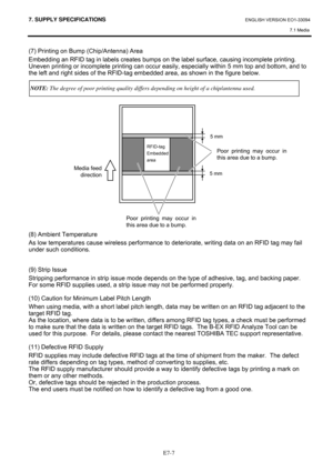Page 1097. SUPPLY SPECIFICATIONS ENGLISH VERSION EO1-33094  
7.1 Media 
 
 
E7-7
(7) Printing on Bump (Chip/Antenna) Area 
Embedding an RFID tag in labels creates bumps on the label surface, causing incomplete printing. 
Uneven printing or incomplete printing can occur easily, especially within 5 mm top and bottom, and to 
the left and right sides of the RFID-tag embedded area, as shown in the figure below. 
 
 
 
 
 
 
 
 
 
 
 
 
 
 
 
 
 
 
 
 
 
 
 
(8) Ambient Temperature 
As low temperatures cause wireless...