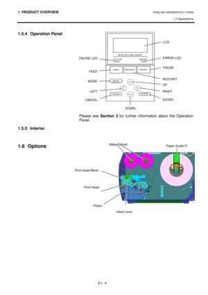 Page 131. PRODUCT OVERVIEW ENGLISH VERSION EO1-33094 1.5 Appearance
 
E1- 4 
1.5.4  Operation Panel                
1.5.5  Interior                         
Please  see 
Section  3  for  further  information  about  the  Operation 
Panel.       
1.6  Options 
LCD 
ERROR LED 
PAUSE 
RESTART 
UP 
RIGHT 
ENTER 
DOWN 
CANCEL 
MODE 
LEFT 
FEED 
ONLINE LED 
Print Head 
Platen 
Head Lever 
Ribbon Shaft 
Print Head Block 
Paper Guide R    