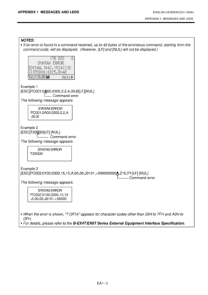 Page 122APPENDIX 1  MESSAGES AND LEDS ENGLISH VERSION EO1-33094  
APPENDIX 1  MESSAGES AND LEDS
 
EA1- 3 
 
NOTES:    If an error is found in a command received, up to 4 2 bytes of the erroneous command, starting from the  
command code, will be displayed.  (However, [LF] an d [NUL] will not be displayed.) 
 
 
  
Example 1 
[ESC]PC001;0 A
00,0300,2,2,A,00,B[LF][NUL]  
  Command error  
The following message appears.          
Example 2 
[ESC]T20 G
30[LF] [NUL]  
  Command error  
The following message appears....