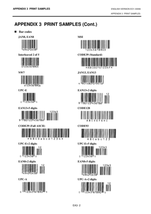 Page 130APPENDIX 3  PRINT SAMPLES ENGLISH VERSION EO1-33094  
APPENDIX 3  PRINT SAMPLES
 
EA3- 2 
APPENDIX 3  PRINT SAMPLES (Cont.) 
  Bar codes 
JAN8, EAN8  MSI         
Interleaved 2 of 5  CODE39 (Standard)        
NW7  JAN13, EAN13 
      
UPC-E  EAN13+2 digits 
       
EAN13+5 digits  CODE128        
CODE39 (Full ASCII)  CODE93         
UPC-E+2 digits  UPC-E+5 digits        
EAN8+2 digits  EAN8+5 digits        
UPC-A  UPC-A+2 digits 
     
  
 
 
 
  
  
  
  
  
  
                     