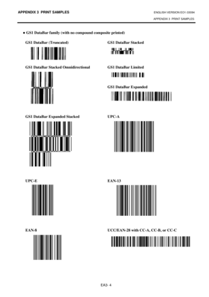 Page 132APPENDIX 3  PRINT SAMPLES ENGLISH VERSION EO1-33094  
APPENDIX 3  PRINT SAMPLES
 
EA3- 4 
  GS1 DataBar family (with no compound composite pri nted) 
  
GS1 DataBar (Truncated)  GS1 DataBar Stacked        
GS1 DataBar Stacked Omnidirectional  GS1 DataBar Lim ited 
        GS1 DataBar Expanded 
         
GS1 DataBar Expanded Stacked  UPC-A                     
UPC-E  EAN-13 
              
EAN-8  UCC/EAN-28 with CC-A, CC-B, or CC-C 
   
 
 
 
 
           