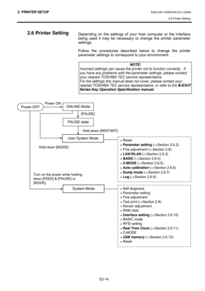 Page 282. PRINTER SETUP ENGLISH VERSION EO1-33094  
2.6 Printer Setting
 
E2-14 
  2.6 Printer Setting 
 
 
 
  
Depending on the settings of your host computer or the interface 
being used it may be necessary to change the printer parameter 
settings. 
 
Follow the procedures described below to change the printer 
parameter settings to correspond to your environment.  
 
 
 
 
 
 
 
 
 
 
 
NOTE:
Incorrect settings can cause the printer not to function correctly.  If 
you have any problems with the parameter...