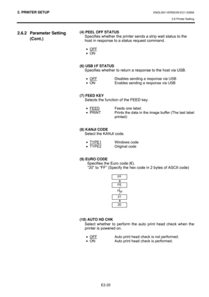 Page 342. PRINTER SETUP ENGLISH VERSION EO1-33094  
2.6 Printer Setting
 
E2-20 
2.6.2 Parameter Setting 
(Cont.) 
 
 
 
 
 
 
 
 
 
 
 
 
 
 
 
 
(4) PEEL OFF STATUS 
  Specifies whether the printer sends a strip wait status to the 
host in response to a status request command. 
 
• OFF
  
• ON   
 
 
(6) USB I/F STATUS 
  Specifies whether to return a response to the host via USB. 
 
• OFF
  Disables sending a response via USB 
•  ON  Enables sending a response via USB 
 
 
(7) FEED KEY 
Selects the function...