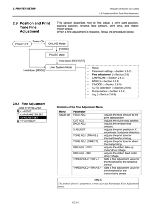 Page 752. PRINTER SETUP ENGLISH VERSION EO1-33094 
2.9 Position and Print Tone Fine Adjustment
 
 
E2-61
2.9 Position and Print 
Tone Fine  
Adjustment 
 
 
 
 
 
 
 
 
 
 
 
 
 
 
 
 
 
 
 
 
 
2.9.1 Fine Adjustment 
 
 
  This section describes how to fine adjust a print start position, 
cut/strip position, reverse feed amount, print tone, and ribbon 
motor torque. 
When a fine adjustment is required, follow the procedure below.  
 
 
 
 
 
 
 
 
 
 
 
 
 
 
 
 
 
 
 
 
 
 
 
 Contents of the Fine Adjustment...