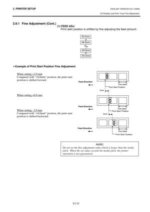 Page 762. PRINTER SETUP ENGLISH VERSION EO1-33094 
2.9 Position and Print Tone Fine Adjustment
 
 
E2-62
2.9.1  Fine Adjustment (Cont.) 
 
 
 
 
 
 
 
 
 
 
 
 
 
 
  (1) FEED ADJ.  
  Print start position is shifted by fine adjusting the feed amount.  
 
 
 
 
• Example of Print Start Position Fine Adjustment 
 
  When setting +3.0 mm 
  Compared with “+0.0mm” position, the print start 
position is shifted forward. 
 
 
 
 
  When setting +0.0 mm
 
  
 
 
 
  When setting –3.0 mm
 
  Compared with “+0.0mm”...