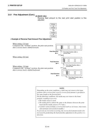 Page 782. PRINTER SETUP ENGLISH VERSION EO1-33094 
2.9 Position and Print Tone Fine Adjustment
 
 
E2-64
2.9.1  Fine Adjustment (Cont.) 
 
 
  (3) BACK ADJ. 
  Reverse feed amount to the next print start position is fine 
adjusted. 
 
 
 
 
 
 
 
 
 
 
 
 
 
 
 
 
 
 
 
 
 
 
 
 
 
 
 
 
 
 
 
 
 
 
 
 
 
 
• Example of Reverse Feed Amount Fine Adjustment 
 
  When setting +3.0 mm  
  Compared with “+0.0mm” position, the print start position 
after a reverse feed is shifted forward. 
 
 
 
 
  When setting +0.0...