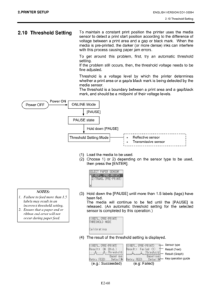 Page 822.PRINTER SETUP ENGLISH VERSION EO1-33094 
2.10 Threshold Setting
 
 
E2-68
2.10 Threshold Setting 
 
 
 
 
 
 
 
 
 
 
 
 
 
 
 
 
 
 
To maintain a constant print position the printer uses the media 
sensor to detect a print start position according to the difference of 
voltage between a print area and a gap or black mark.  When the 
media is pre-printed, the darker (or more dense) inks can interfere 
with this process causing paper jam errors. 
To get around this problem, first, try an automatic...
