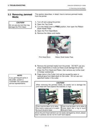 Page 1005. TROUBLESHOOTING ENGLISH VERSION EO1-33094 5.3 Removing Jammed Media 
E5- 5 
5.3  Removing Jammed  Media  
                            This section describes, in detail, how to remove ja mmed media 
from the printer.       
1.   Turn off and unplug the printer. 
2.   Open the Top Cover. 
3.   Turn the Head Lever to  FREE position, then open the Ribbon 
Shaft Holder Plate. 
4.   Open the Print Head Block.  
5.   Remove the ribbon and media. 
              
6.   Remove the jammed media from the printer....