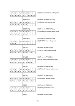 Page 122 
- 119 -  
              
< 7 > I P    A D D R E S S 
G A T E W A Y    I P    A D R E S(19)  Gateway IP address setting mode 
              
        [RESTART] 
 (20)  Press the [RESTART] key. 
< 7 > I P    A D D R E S S 
S U B N E T    M A S K     (21)  Subnet mask setting mode 
              
        [RESTART] 
 (22)  Press the [RESTART] key. 
< 7 > I P    A D D R E S S 
S O C K E T    P O R T     (23)  Socket port number setting mode 
              
        [RESTART] 
 (24)  Press the [RESTART] key....