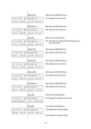 Page 124 
- 121 -  
              
        [RESTART] 
 (56)  Press the [RESTART] key. 
< 7 > I P    A D D R E S S 
1 5 7 . 0 6 9 . 0 1 3 . 0 1 0(57)  Setting for the next 8 bits 
              
        [RESTART] • • • • • 
 (58)  Press the [RESTART] key. 
< 7 > I P    A D D R E S S 
1 5 7 . 0 6 9 . 0 4 6 . 0 1 0(59)  Setting for the next 8 bits 
              
        [PAUSE] 
 (60)  Press the [PAUSE] key. 
< 7 > I P    A D D R E S S 
1 5 7 . 0 6 9 . 0 4 6 . 0 1 0(61)  The 8 bits are entered and the setting goes...