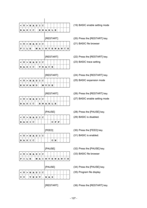 Page 130 
- 127 -  
              
< 8 > B A S I C          
B A S I C    E N A B L E   (19)  BASIC enable setting mode 
              
        [RESTART] 
 (20)  Press the [RESTART] key. 
< 8 > B A S I C          
F I L E    M A I N T E N A N C E(21)  BASIC file browser 
              
        [RESTART] 
 (22)  Press the [RESTART] key. 
< 8 > B A S I C          
B A S I C    T R A C E     (23)  BASIC trace setting 
              
        [RESTART] 
 (24)  Press the [RESTART] key. 
< 8 > B A S I C          
E X P...