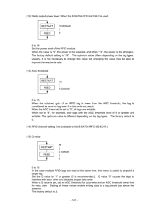 Page 144 
- 141 - (12)  Radio output power level: When the B-SA704-RFID-U2-EU-R is used.   
 
 
 
 
 
 
 
  9 to 18 
Set the power level of the RFID module.   
When the value is “9”, the power is the weakest, and when “18”, the power is the strongest.   
The factory default setting is “18”.    The optimum value differs depending on the tag types.   
Usually, it is not necessary to change this value but changing the value may be able to 
improve the read/write rate. 
 
(13) AGC threshold   
 
 
 
 
 
 
 
  0 to...