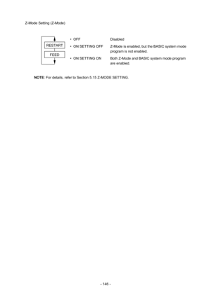 Page 149 
- 146 - Z-Mode Setting (Z-Mode) 
 
 • OFF Disabled 
  •  ON SETTING OFF  Z-Mode is enabled, but the BASIC system mode 
program is not enabled. 
  •  ON SETTING ON  Both Z-Mode and BASIC system mode program 
are enabled. 
 
NOTE: For details, refer to Section 5.15 Z-MODE SETTING. 
 
 
 
FEED 
RESTART 