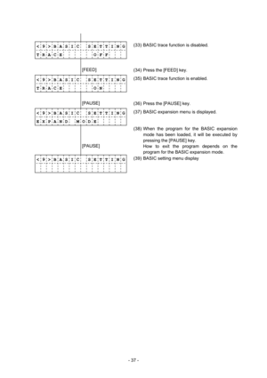 Page 40 
- 37 -  
              
< 9 > B A S I C   S E T T I N G
T R A C E            O F F (33)  BASIC trace function is disabled.   
              
        [FEED] 
 
(34)  Press the [FEED] key. 
< 9 > B A S I C   S E T T I N G
T R A C E            O N   (35)  BASIC trace function is enabled. 
 
              
        [PAUSE] 
 
(36)  Press the [PAUSE] key. 
< 9 > B A S I C   S E T T I N G
E X P A N D    M O D E     (37)  BASIC expansion menu is displayed. 
             (38) When the program for the BASIC...