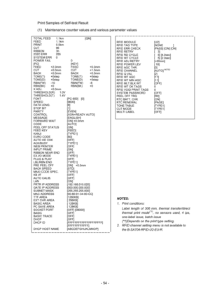 Page 57 
- 54 - Print Samples of Self-test Result   
(1)  Maintenance counter values and various parameter values 
 
 
 
 
 
 
 
 
 
 
 
 
 
 
 
 
 
 
 
 
 
 
 
 
 
 
 
 
 TOTAL FEED   1.1km               [QM] 
 FEED       1.1km    
 PRINT    0.5km    
 CUT       96       
 RIBBON   3h       
 232C ERR   255      
 SYSTEM ERR   0        
 POWER FAIL   0        
 [PC]                   [KEY] 
 FEED   +2.0mm   FEED    +0.0mm 
 CUT     +0.0mm    CUT    +1.0mm 
 BACK    +0.0mm     BACK    +0.0mm 
 TONE(T)  +0step...