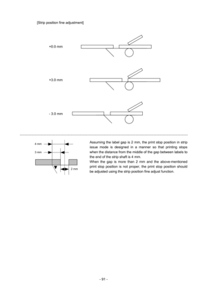 Page 94 
- 91 - [Strip position fine adjustment] 
 
 
 
 
 
 
 
 
 
 
 
 
Assuming the label gap is 2 mm, the print stop position in strip 
issue mode is designed in a manner so that printing stops 
when the distance from the middle of the gap between labels to 
the end of the strip shaft is 4 mm. 
When the gap is more than 2 mm and the above-mentioned 
print stop position is not proper, the print stop position should 
be adjusted using the strip position fine adjust function. 
+0.0 mm
+3.0 mm
- 3.0 mm
2 mm 
4...