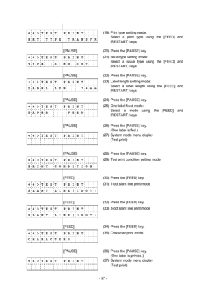 Page 100 
- 97 -  
              
< 4 > T E S T    P R I N T 
P R T    T Y P E   T R A N S F R
             (19)  Print type setting mode: 
  Select a print type using the [FEED] and 
[RESTART] keys. 
        [PAUSE] 
 (20)  Press the [PAUSE] key. 
< 4 > T E S T    P R I N T 
T Y P E    [ S ] N O    C U T
             (21)  Issue type setting mode: 
  Select a issue type using the [FEED] and 
[RESTART] keys. 
        [PAUSE] 
 (22)  Press the [PAUSE] key. 
< 4 > T E S T    P R I N T 
L A B E L    L E N .      7...