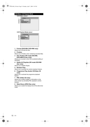 Page 1818EN

1 Format (DVD-RW, DVD+RW only):
Allows you to format the disc.
2Finalise:
Allows you to finalise a disc containing recorded titles.
3 Disc Protect (VR mode DVD-RW, 
DVD+RW/+R disc only):
Allows you to protect a disc from accidental editing or 
recording.
4 Delete All Playlists (VR mode DVD-RW 
disc only):
Allows you to delete Playlist.
5Random Play:
Allows you to activate the random playback feature.
6 Programme Play (Audio CD/Video CD 
only):
Allows you to activate the programme playback...