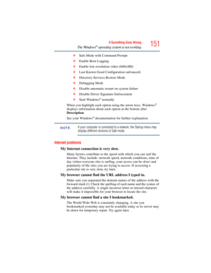 Page 151
151If Something Goes Wrong
The Windows® operating system is not working
❖Safe Mode with Command Prompt
❖ Enable Boot Logging
❖ Enable low-resolution video (640x480)
❖ Last Known Good Configuration (advanced)
❖ Directory Services Restore Mode
❖ Debugging Mode
❖ Disable automatic restar t on system failure
❖ Disable Driver Signature Enforcement
❖ Start Windows
® normally
When you highlight each option  using the arrow keys, Windows
® 
displays information about each option at the bottom after 
Description...