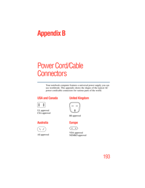 Page 193
193
5.375 x 8.375 ver 2.3
Appendix B
Power Cord/Cable 
Connectors
Your notebook computer features a universal power supply you can 
use worldwide. This appendix shows the shapes of the typical AC 
power cord/cable connectors fo r various parts of the world.
USA and Canada
UL approved
CSA approved
United Kingdom
BS approved
Australia
AS approved
Europe
VDA approved
NEMKO approved 