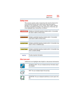 Page 35
35Introduction
Safety icons
5.375 x 8.375 ver 2.3
Safety icons
This manual contains safety instructions that must be observed to 
avoid potential hazards that could result in personal injuries, 
damage to your equipment, or loss of data. These safety cautions 
have been classified according to  the seriousness of the risk, and 
icons highlight these instructions as follows:
Indicates an imminently hazardous situation which, if not avoided, 
will result in death or serious injury.
Indicates a potentially...