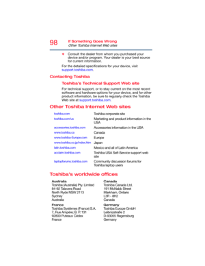Page 9898If Something Goes Wrong
Other Toshiba Internet Web sites
❖Consult the dealer from whom you purchased your 
device and/or program. Your dealer is your best source 
for current information.
For the detailed specifications for your device, visit 
support.toshiba.com. 
Contacting Toshiba
Toshiba’s Technical Support Web site
For technical support, or to stay current on the most recent 
software and hardware options for your device, and for other 
product information, be sure to regularly check the Toshiba...