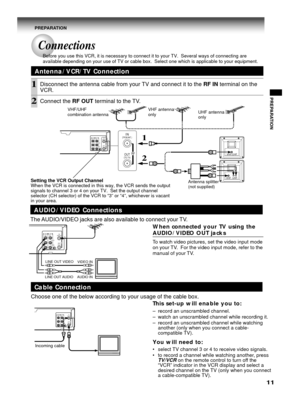 Page 1111
PREPARATION
VHF  UHF
VHF/UHF
L RCHOUT(TO TV)
IN(FROM ANT.)LINE
OUTLINE
IN 1
VIDEOAUDIO
34RF
OUT(TO TV)
IN(FROM ANT.)
RF
Antenna/VCR/TV Connection
1Disconnect the antenna cable from your TV and connect it to the RF IN terminal on the
VCR.
2Connect the RF OUT terminal to the TV.
AUDIO/VIDEO Connections
The AUDIO/VIDEO jacks are also available to connect your TV.
When connected your TV using the
AUDIO/VIDEO OUT jacks
To watch video pictures, set the video input mode
on your TV.  For the video input mode,...