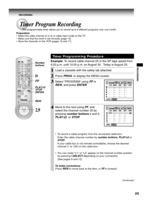 Page 2525
RECORDING
Timer Programming Procedure
Example: To record cable channel 25 in the SP tape speed from
9:20 p.m. until 10:00 p.m. on August 30.  Today is August 25.
1Load a cassette with the safety tab attached.
2Press PROG. to display the MENU screen.
3Select “PROGRAM” using FF or
REW, and press ENTER.
4Move to the next using FF, and
select the channel number 25 by
pressing
 number buttons 2 and 5,
PLAY/x2  or STOP.
• To record a cable program from the connected cable box:
Enter the cable channel number...