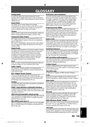 Page 105105EN
Disc 
Management
Recording
Playback
Introduction
Connections
Basic Setup
Editing
Function Setup
VCR Function
Others
Analog Audio
An  electrical  signal that directly  represents  sound. 
Compare  this to digital  audio  which  can be an electrical 
signal,  but is an  indirect  representation  of sound. S ee also 
“Digital Audio”.
Aspect Ratio
The  width  of a TV screen  relative to its  height. 
Conventional TVs  are 4:3 (in other words,  the TV screen 
is  almost  square);  widescreen  models are...