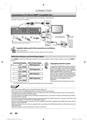 Page 2222 EN
HDMI Video Resolution and Actual Output Signals
Press [HDMI]  to select the HDMI video resolution. The video resolution mode changes a\
s follows every time  [HDMI] is 
pressed.
Front Panel Display Video Output Signal
480 Progressive
Press [HDMI]      
720 Progressive
Press [HDMI]      
1080 interlaced
Press [HDMI]      
1080 Progressive
Press [HDMI]      

Note
 Some devices with an HDMI input may not operate properly with this unit.\
 When using an HDCP-incompatible display device, the image...