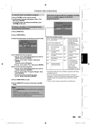 Page 4545EN
Disc 
Management
Recording
Playback
Introduction
Connections
Basic Setup
Editing
Function Setup
VCR Function
Others
 Checking, canceling, or correcting the timer 
programming information
If the timer program did not complete correctly, 
the error number appears in the timer
programming list.
1) Press [TIMER SET].
2) Press [TIMER PROG.].
3) Check the information on the list you want to edit.
Timer Programming
1/1
THU JAN/01 10:00AM
SP  (1:00) JAN/  2/09  1:00 AM 125-01 SP
   Date  Start  End  CH...