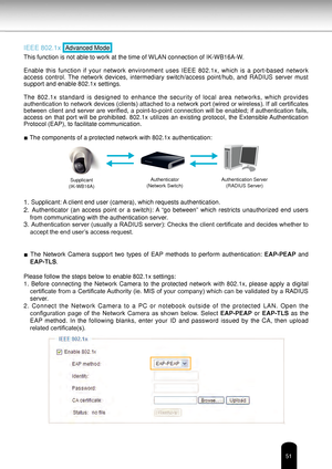 Page 5151
IEEE 802.1x Advanced Mode
This function is not able to work at the time of WLAN connection of IK-W\
B16A-W.
Enable  this  function  if  your  network  environment  uses  IEEE  802.1x,  which  is  a  port-based  network 
access  control.  The  network  devices,  intermediary  switch/access  point/hub,  and  RADIUS  server  must 
support and enable 802.1x settings.
The  802.1x  standard  is  designed  to  enhance  the  security  of  local  area  networks,  which  provides 
authentication to network...