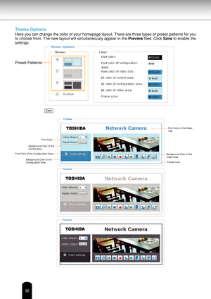 Page 8282
Theme Options
Here you can change the color of your homepage layout. There are three types of preset patterns for you 
to choose from. The new layout will simultaneously appear in the Preview filed. Click Save to enable the 
settings.
Font Color of the Video 
Title
Font Color
Background Color of the 
Control Area
Font Color of the Configuration Area
Background Color of the 
Configuration Area Background Color of the 
Video Area
Frame Color
Preset Patterns 