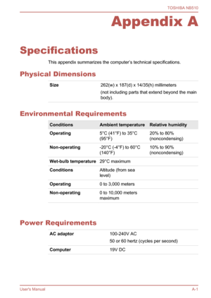 Page 103
Appendix A
Specifications This appendix summarizes the computer’s technical specifications.
Physical Dimensions
Size262(w) x 187(d) x 14/35(h) millimeters
(not including parts that extend beyond the main
body).
Environmental Requirements
ConditionsAmbient temperatureRelative humidity
Operating5°C (41°F) to 35°C
(95°F)20% to 80%
(noncondensing)
Non-operating-20°C (-4°F) to 60°C
(140°F)10% to 90%
(noncondensing)
Wet-bulb temperature29°C maximum
ConditionsAltitude (from sea
level)
Operating0 to 3,000...