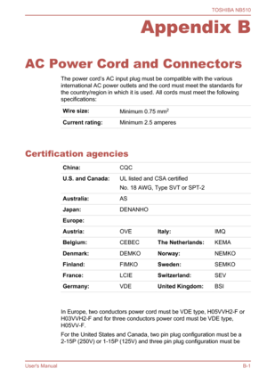 Page 105
Appendix B
AC Power Cord and Connectors The power cord’s AC input plug must be compatible with the various
international AC power outlets and the cord must meet the standards for
the country/region in which it is used. All cords must meet the following
specifications:
Wire size:Minimum 0.75 mm 2
Current rating:Minimum 2.5 amperes
  
Certification agencies
China:CQC
U.S. and Canada:UL listed and CSA certified
No. 18 AWG, Type SVT or SPT-2
Australia:AS
Japan:DENANHO
Europe:
Austria:OVEItaly:IMQ...