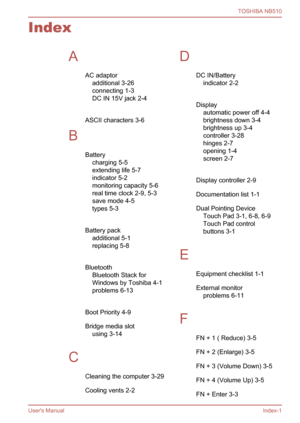 Page 124
Index
AAC adaptoradditional 3-26
connecting 1-3
DC IN 15V jack 2-4
 
ASCII characters 3-6
B Batterycharging 5-5
extending life 5-7
indicator 5-2
monitoring capacity 5-6
real time clock 2-9, 5-3
save mode 4-5
types 5-3
 
Battery pack additional 5-1
replacing 5-8
 
Bluetooth Bluetooth Stack for
Windows by Toshiba 4-1
problems 6-13
 
Boot Priority 4-9
Bridge media slot using 3-14
 
C Cleaning the computer 3-29
Cooling vents 2-2D DC IN/Batteryindicator 2-2
 
Display automatic power off 4-4
brightness down...