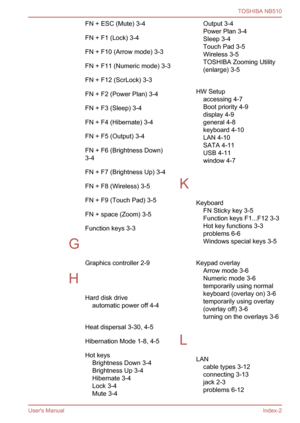 Page 125
FN + ESC (Mute) 3-4
FN + F1 (Lock) 3-4
FN + F10 (Arrow mode) 3-3
FN + F11 (Numeric mode) 3-3
FN + F12 (ScrLock) 3-3
FN + F2 (Power Plan) 3-4
FN + F3 (Sleep) 3-4
FN + F4 (Hibernate) 3-4
FN + F5 (Output) 3-4
FN + F6 (Brightness Down) 
3-4
FN + F7 (Brightness Up) 3-4
FN + F8 (Wireless) 3-5
FN + F9 (Touch Pad) 3-5
FN + space (Zoom) 3-5
Function keys 3-3
G Graphics controller 2-9
H Hard disk driveautomatic power off 4-4
 
Heat dispersal 3-30, 4-5
Hibernation Mode 1-8, 4-5
Hot keys Brightness Down 3-4...