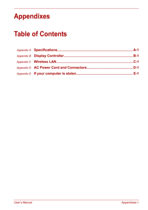 Page 118User’s Manual Appendixes-1
Appendixes
Table of Contents
Appendix ASpecifications................................................................................ A-1
Appendix BDisplay Controller ......................................................................... B-1
Appendix CWireless LAN ................................................................................. C-1
Appendix DAC Power Cord and Connectors................................................. D-1
Appendix EIf your computer is...