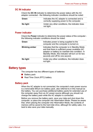 Page 78User’s Manual6-3
Power and Power-up Modes
DC IN indicator
Check the DC IN indicator to determine the power status with the AC 
adaptor connected - the following indicator conditions should be noted:
Power indicator
Check the Power indicator to determine the power status of the computer - 
the following indicator conditions should be noted:
Battery types
The computer has two different types of batteries:
■Battery pack 
■Real Time Clock (RTC) battery
Battery pack
When the AC adaptor is not connected, the...