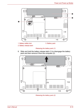 Page 85User’s Manual6-10
Power and Power-up Modes
Releasing the battery pack (1)
6. Slide and hold the battery release latch (1) to disengage the battery 
pack and then remove it from the computer (2).
Releasing the battery pack (2) 1. Battery safety lock 3. Battery pack
2. Battery release latch
3
2
1
1 