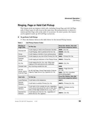 Page 53Advanced Operation
Call Pickup
Strata CTX DKT/IPT Telephone     11/0339
Ringing, Page or Held Call Pickup
This feature picks up ringing or held calls, including Group Page and All Call Page 
calls. If these types of calls occur at the same time, the pickup priority is station-to-
station and then Page calls in the order of occurrence. In some systems, this feature 
can be applied to pick up All Call Page exclusively.
➤To perform Call Pickup
➤Press the buttons shown in the table below for the desired...