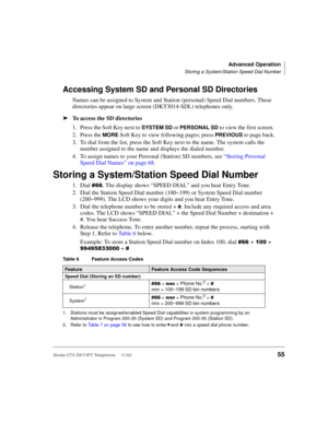 Page 69Advanced Operation
Storing a System/Station Speed Dial Number
Strata CTX DKT/IPT Telephone     11/0355
Accessing System SD and Personal SD Directories
Names can be assigned to System and Station (personal) Speed Dial numbers. These 
directories appear on large screen (DKT3014-SDL) telephones only.
➤To access the SD directories
1. Press the Soft Key next to 
SYSTEM SD or PERSONAL SD to view the first screen. 
2. Press the 
MORE Soft Key to view following pages; press PREVIOUS to page back.
3. To dial from...