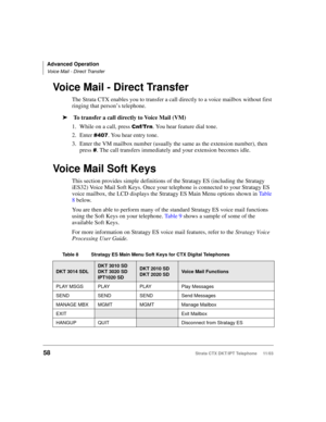Page 72Advanced Operation
Voice Mail - Direct Transfer
58Strata CTX DKT/IPT Telephone     11/03
Voice Mail - Direct Transfer
The Strata CTX enables you to transfer a call directly to a voice mailbox without first 
ringing that person’s telephone. 
➤ To transfer a call directly to Voice Mail (VM)
1. While on a call, press 
!#$ . You hear feature dial tone.
2. Enter 

. You hear entry tone.
3. Enter the VM mailbox number (usually the same as the extension number), then 
press 

. The call transfers...