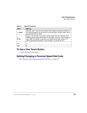 Page 89User Programming
One Touch Buttons
Strata CTX DKT/IPT Telephone     11/0375
To Use a One Touch Button
➤Press the One Touch button.
Setting/Changing a Personal Speed Dial Code
See “Storing a System/Station Speed Dial Number” on page 55.
Table 12 Special Characters 
EntryMeaning
0+ +ROG
Indicates “stop.” The One Touch button blinks rapidly and stops the delivery of 
the remaining digits in the string until it is pressed again. Multiple “stops” can be 
programmed into one string.
0
a
Pause (1~9)...