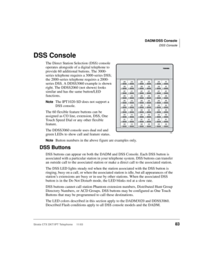 Page 97DADM/DSS Console
DSS Console
Strata CTX DKT/IPT Telephone     11/0383
DSS Console
The Direct Station Selection (DSS) console 
operates alongside of a digital telephone to 
provide 60 additional buttons. The 3000-
series telephone requires a 3000-series DSS; 
the 2000-series telephone requires a 2000-
series DSS. A DDSS3060 example is shown 
right. The DDSS2060 (not shown) looks 
similar and has the same button/LED 
functions.
NoteThe IPT1020-SD does not support a 
DSS console.
The 60 flexible feature...