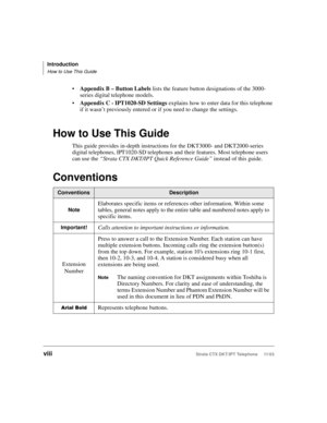 Page 12Introduction
How to Use This Guide
viiiStrata CTX DKT/IPT Telephone     11/03
Appendix B – Button Labels lists the feature button designations of the 3000-
series digital telephone models.
Appendix C - IPT1020-SD Settings explains how to enter data for this telephone 
if it wasn’t previously entered or if you need to change the settings.
How to Use This Guide
This guide provides in-depth instructions for the DKT3000- and DKT2000-series 
digital telephones, IPT1020-SD telephones and their features. Most...