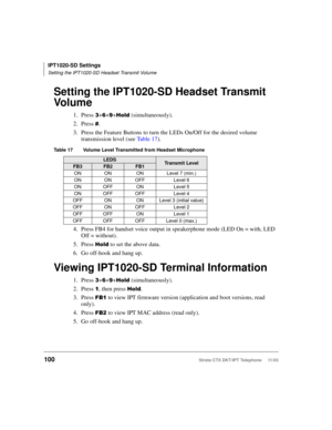 Page 114IPT1020-SD Settings
Setting the IPT1020-SD Headset Transmit Volume
100Strata CTX DKT/IPT Telephone     11/03
Setting the IPT1020-SD Headset Transmit 
Vo l u m e
1. Press ++ ++%	 (simultaneously).
2. Press 

.
3. Press the Feature Buttons to turn the LEDs On/Off for the desired volume 
transmission level (see Ta b l e  1 7).
4. Press FB4 for handset voice output in speakerphone mode (LED On = with, LED 
Off = without).
5. Press 
%	 to set the above data.
6. Go off-hook and hang up. 
Viewing...