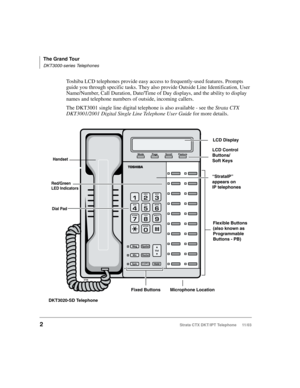 Page 16The Grand Tour
DKT3000-series Telephones
2Strata CTX DKT/IPT Telephone     11/03
Toshiba LCD telephones provide easy access to frequently-used features. Prompts 
guide you through specific tasks. They also provide Outside Line Identification, User 
Name/Number, Call Duration, Date/Time of Day displays, and the ability to display 
names and telephone numbers of outside, incoming callers.
The DKT3001 single line digital telephone is also available - see the Strata CTX 
DKT3001/2001 Digital Single Line...