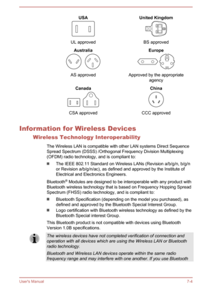 Page 125USA
UL approved
United Kingdom
BS approved
Australia
AS approved
Europe
Approved by the appropriateagency
Canada
CSA approved
China
CCC approved
Information for Wireless Devices
Wireless Technology Interoperability
The Wireless LAN is compatible with other LAN systems Direct Sequence
Spread Spectrum (DSSS) /Orthogonal Frequency Division Multiplexing (OFDM) radio technology, and is compliant to:
The IEEE 802.11 Standard on Wireless LANs (Revision a/b/g/n, b/g/n
or Revision a/b/g/n/ac), as defined and...