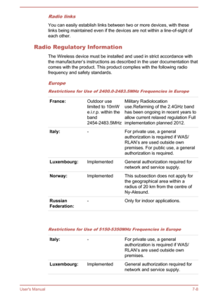 Page 129Radio links
You can easily establish links between two or more devices, with theselinks being maintained even if the devices are not within a line-of-sight of each other.
Radio Regulatory Information The Wireless device must be installed and used in strict accordance with
the manufacturer’s instructions as described in the user documentation that
comes with the product. This product complies with the following radio
frequency and safety standards.
Europe
Restrictions for Use of 2400.0-2483.5MHz...